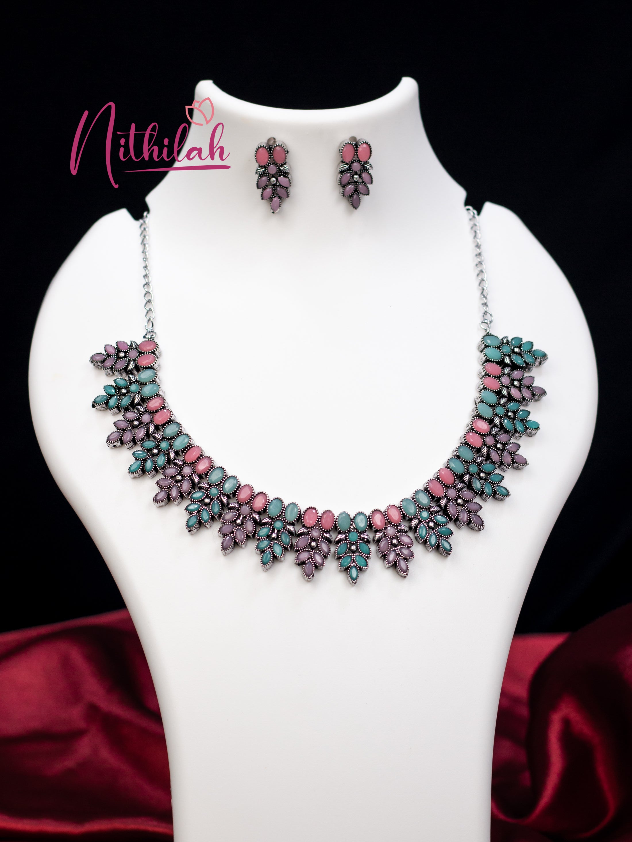 HANGING LEAVES OXIDISED NECKLACE - PINK AND MINT N10N185
