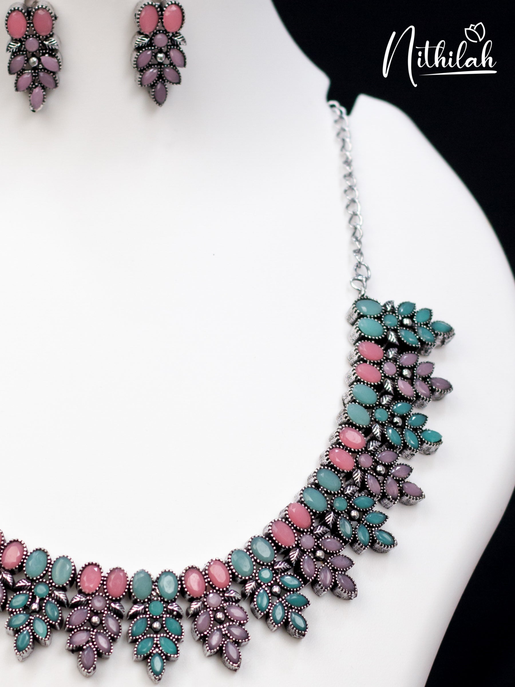 HANGING LEAVES OXIDISED NECKLACE - PINK AND MINT