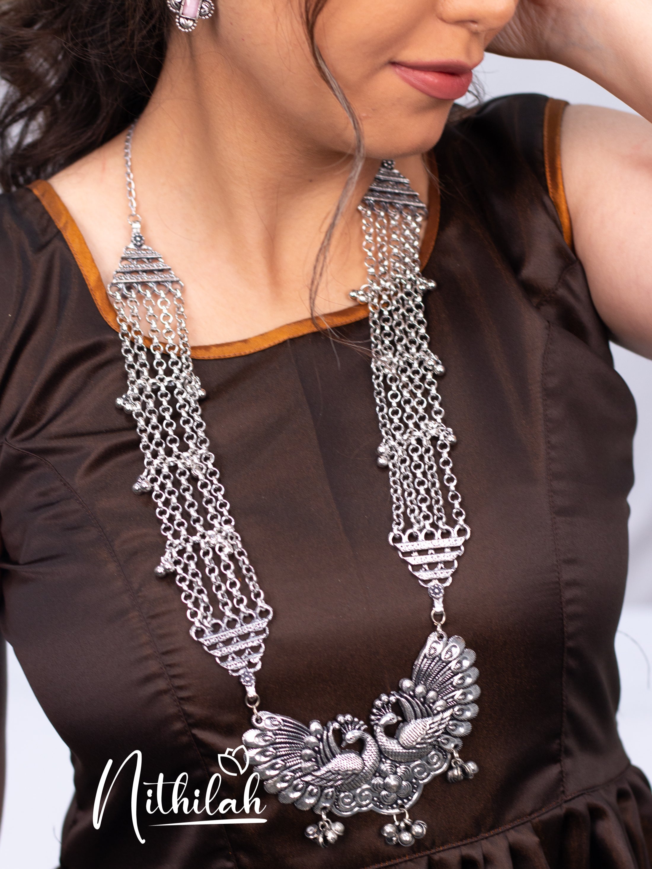 Buy Peacock design with Ghungroo Oxidised Long Haram