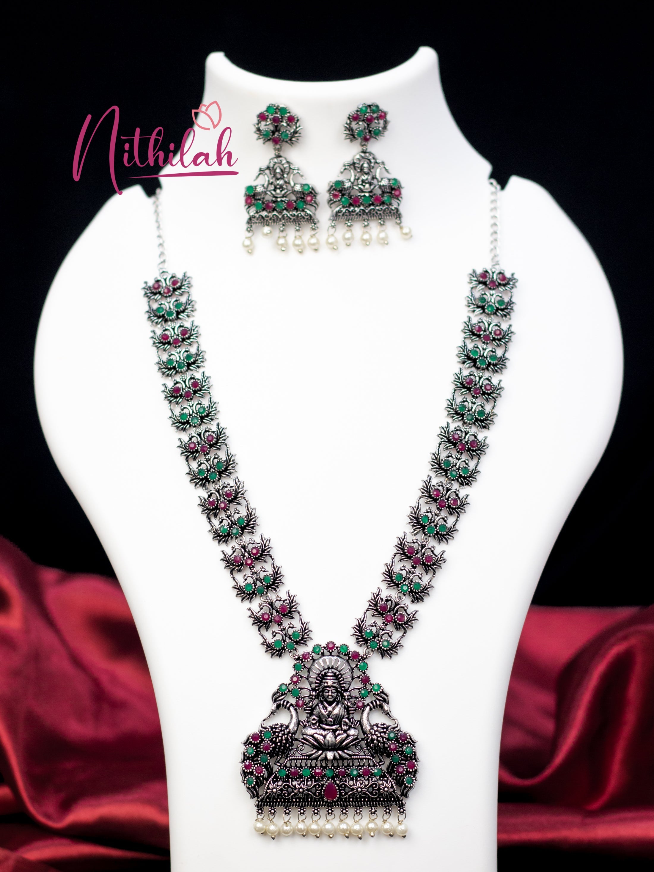 Lakshmi Double Side Peacock Oxidised Silver Haram N10H212