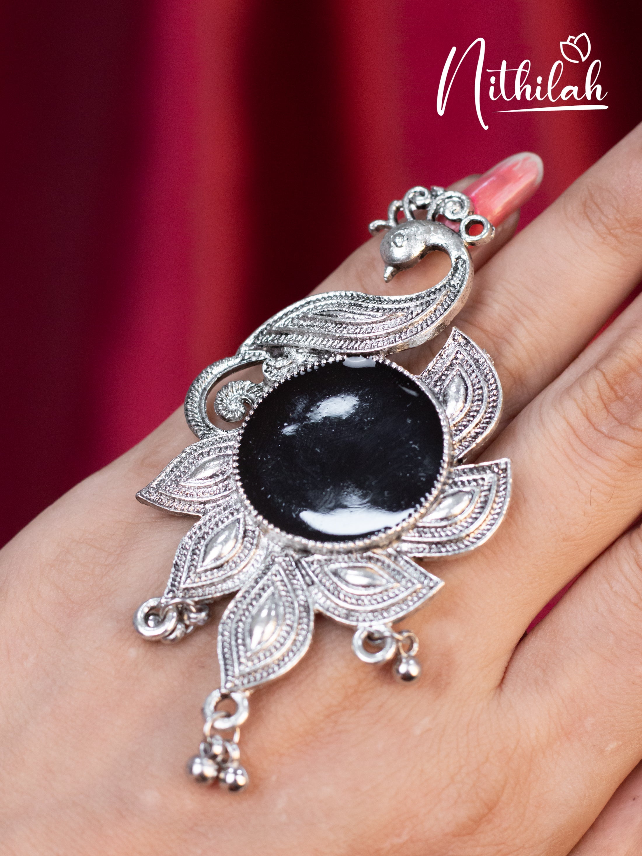 Large Peacock Black Stone Oxidised Ring N19R182