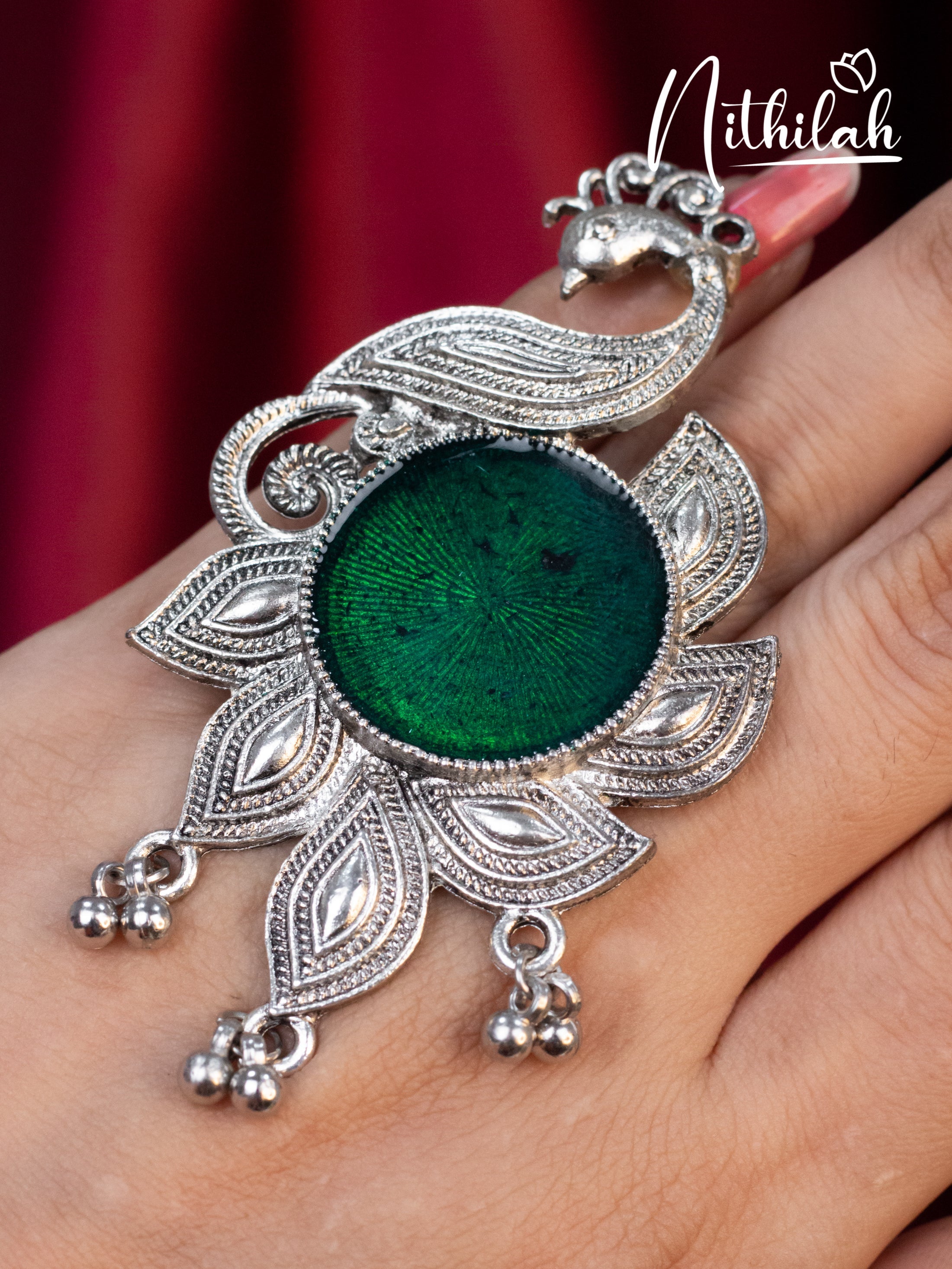 Large Peacock Green Stone  Oxidised Ring N19R179