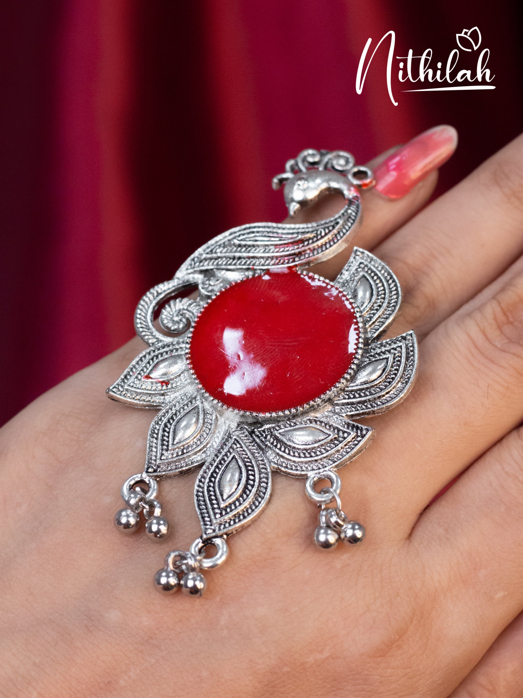 Large Peacock Red Stone  Oxidised Ring N19R180