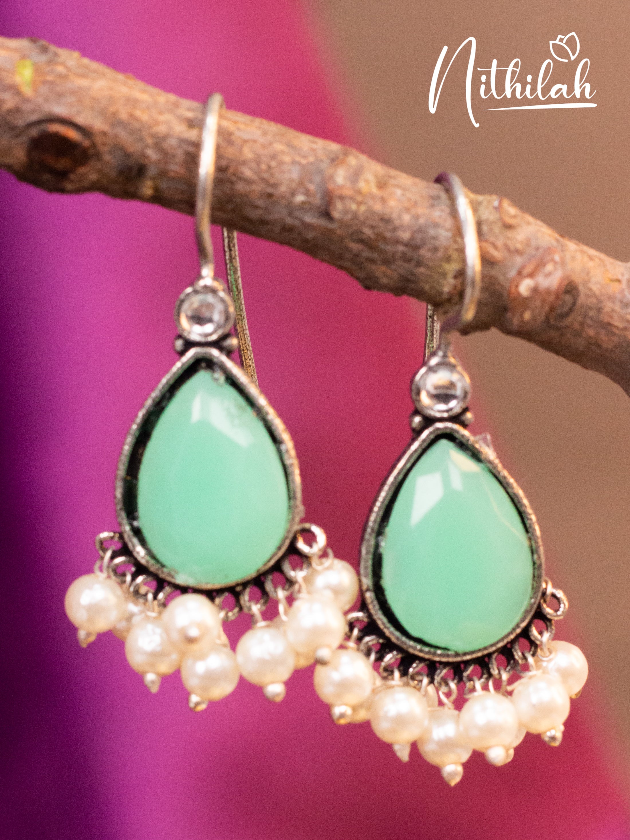 Light Green Drops Hanging Oxidised Earrings N19E145