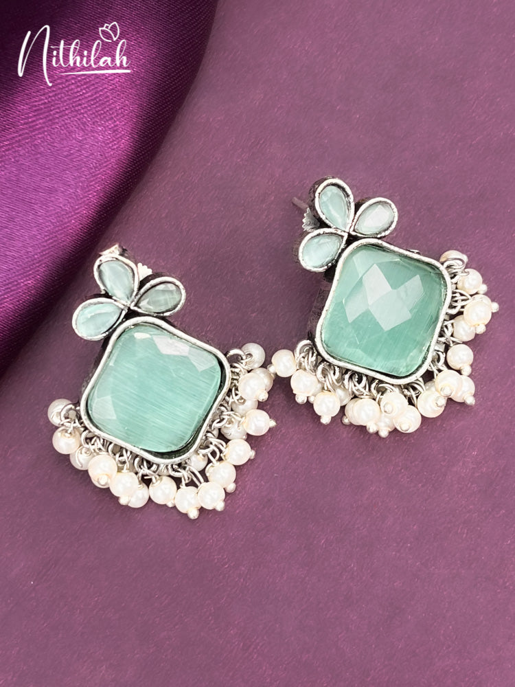 PINK STONE RHOMBUS OXIDISED EARRING DESIGNS