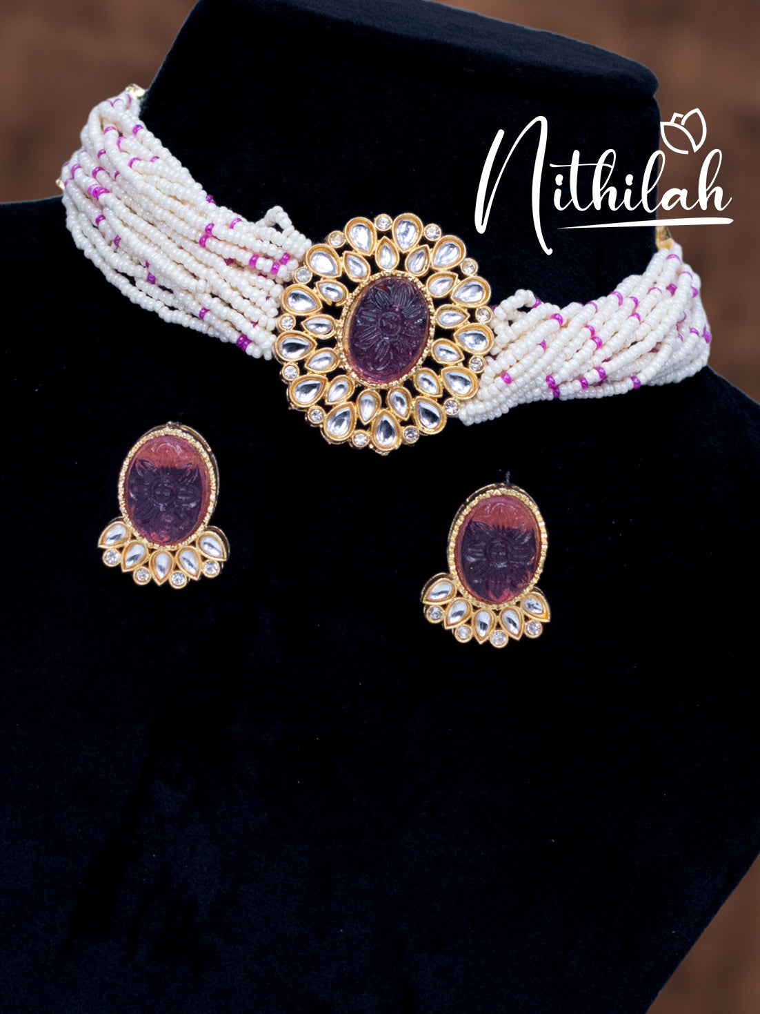 Maroon Center Kundan Beads Choker Necklace N19C163
