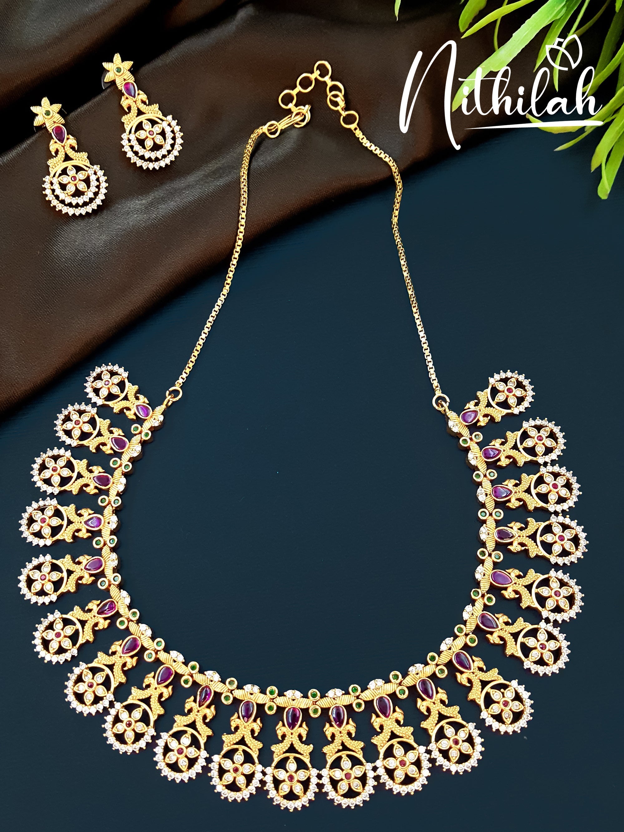 Buy Imitation Jewellery Matte Kasu Flower AD Necklace Design Golden NSGN176 Online
