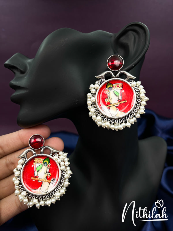 Meenakari Krishna Hand Painted Red Oxidised Earrings N19E198