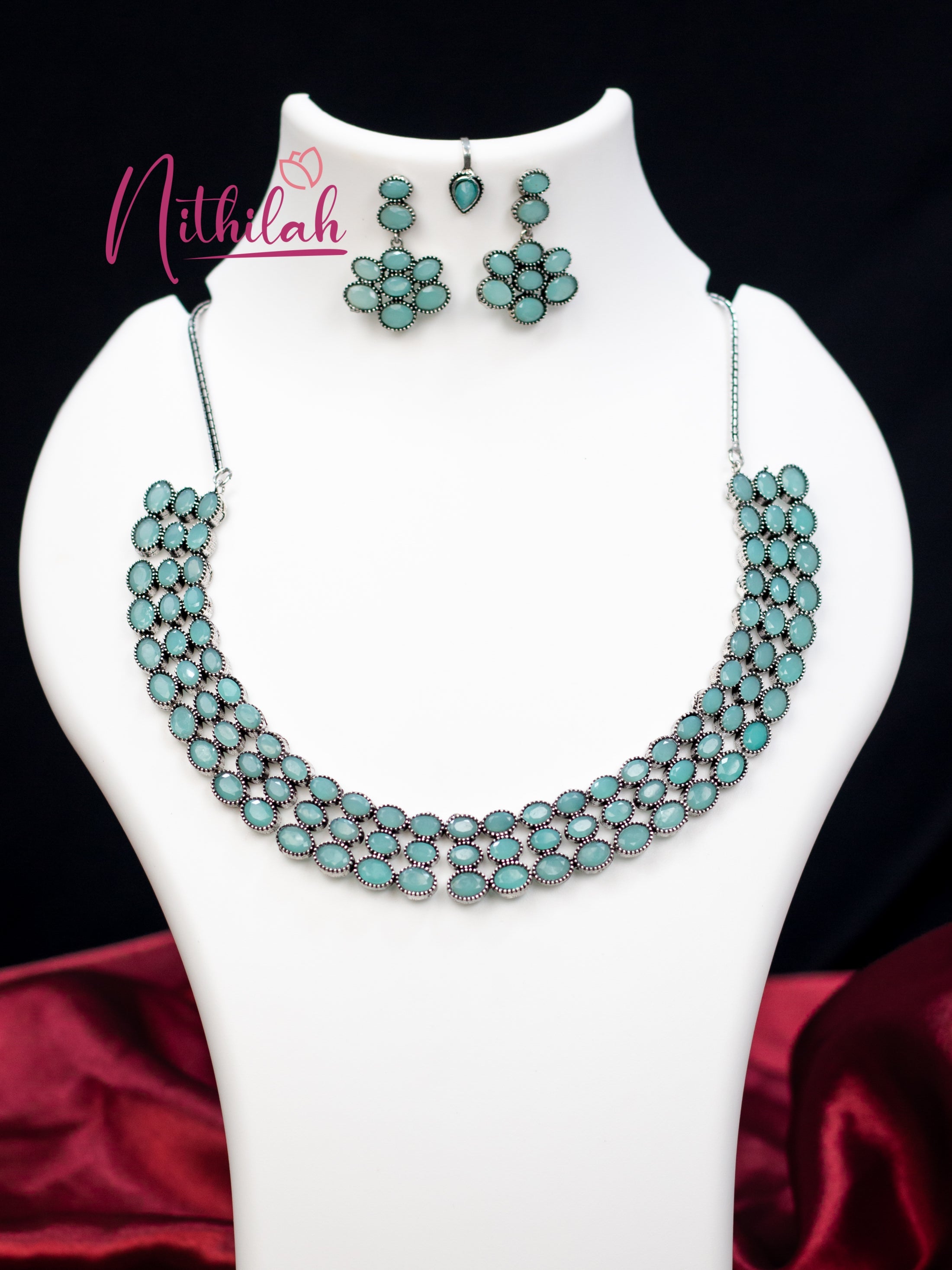 Mint Oval Stones Oxidised Necklace N11N131