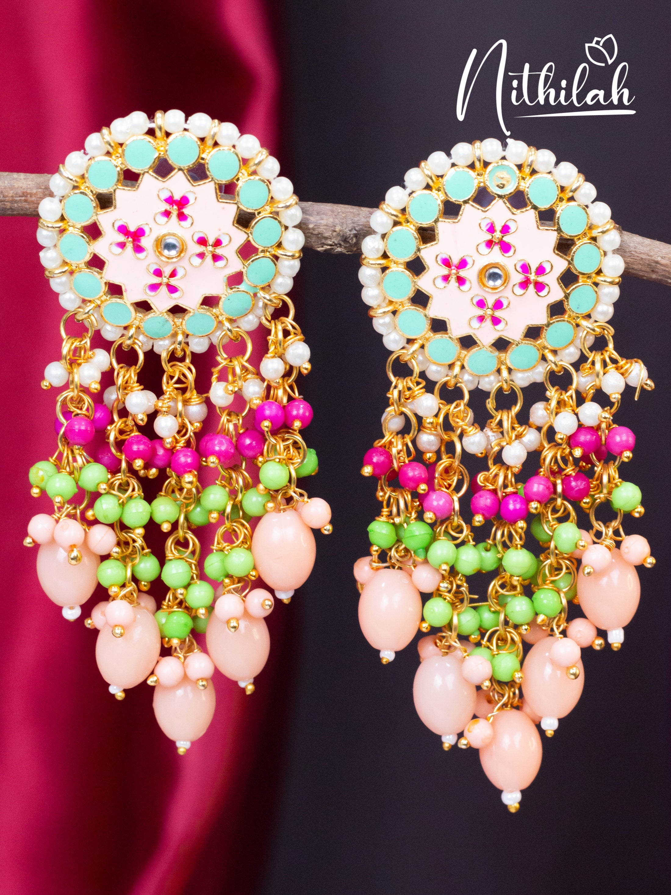 Mint and Peach Meenakari Chandelier Earrings N19E115