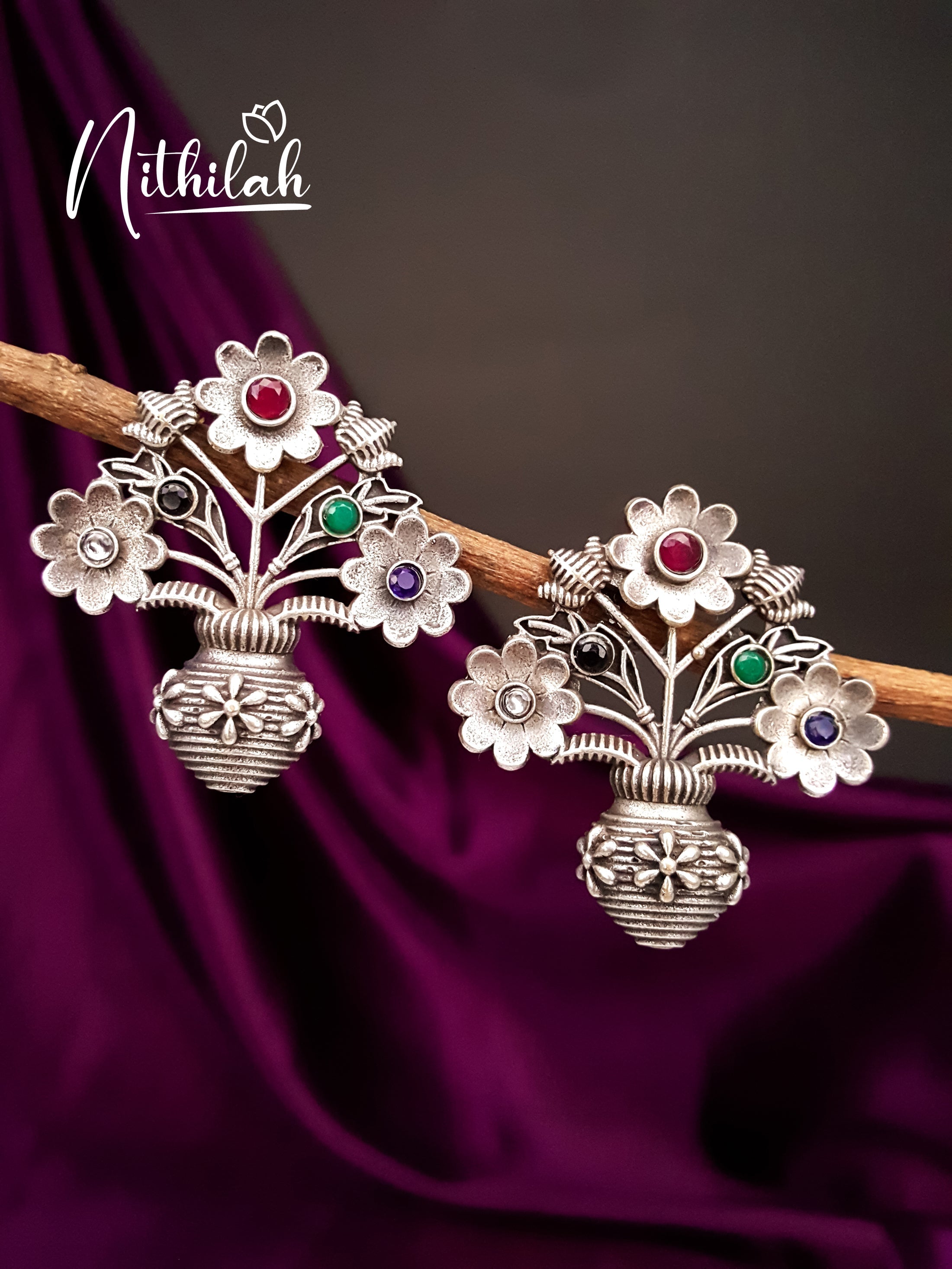 Multi StoneFlower Pot Oxidised Earrings NRTE126