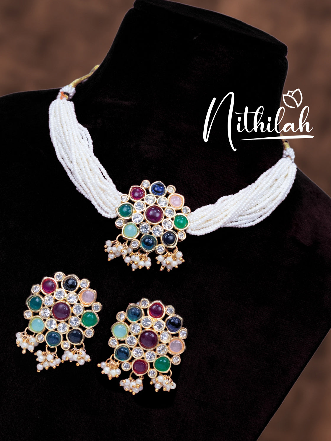 Navaratna Stones Micro Pearls Choker Necklace N19C166