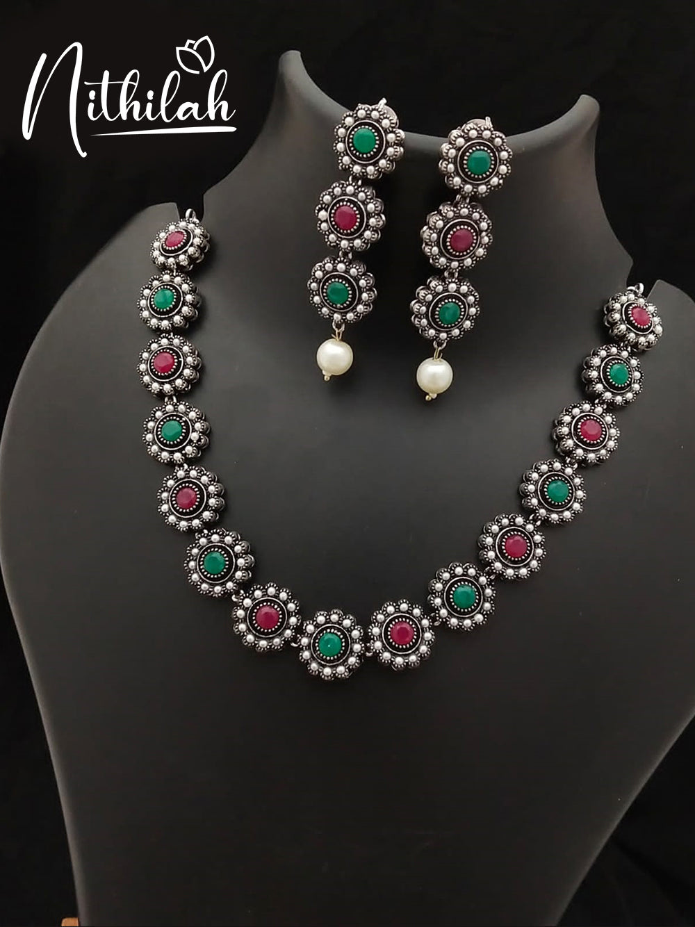 Buy Imitation Jewellery Oxidised Silver Button Necklace - Red Green NSKN170 Online
