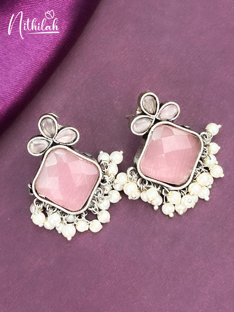 PINK STONE RHOMBUS OXIDISED EARRING DESIGNS