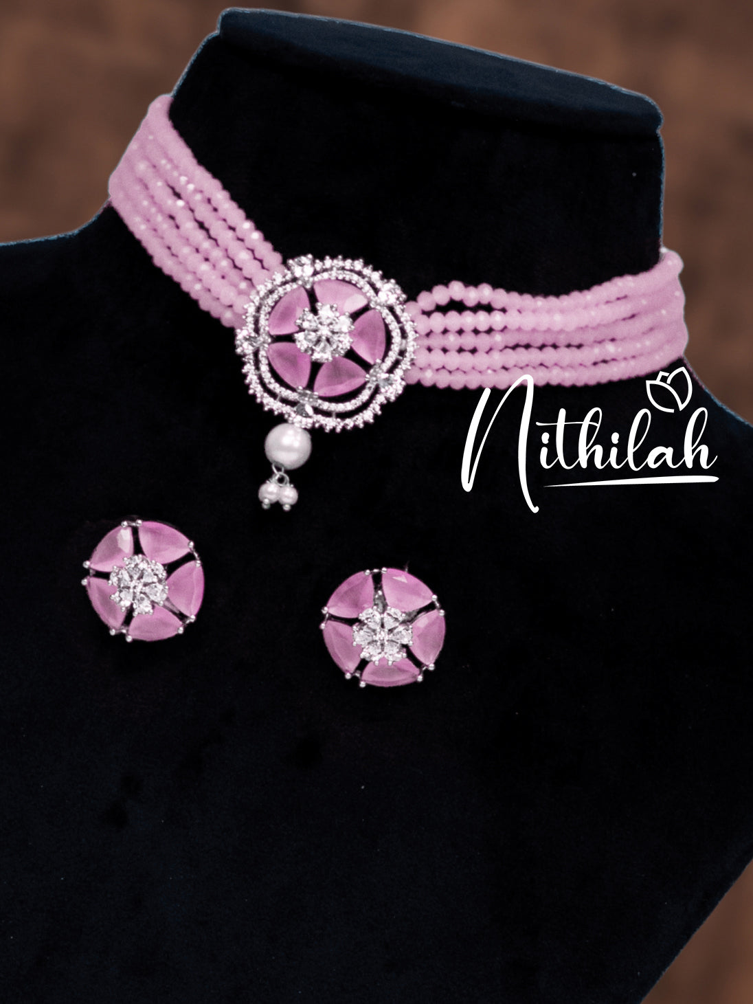 PINK CRYSTAL BEADS AMERICAN DIAMOND CHOKER NECKLACE N19C170