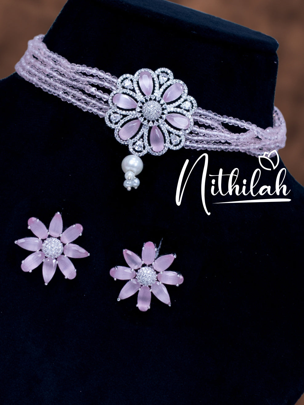 Pink Crystal Beads American Diamond Choker Necklace N19C167