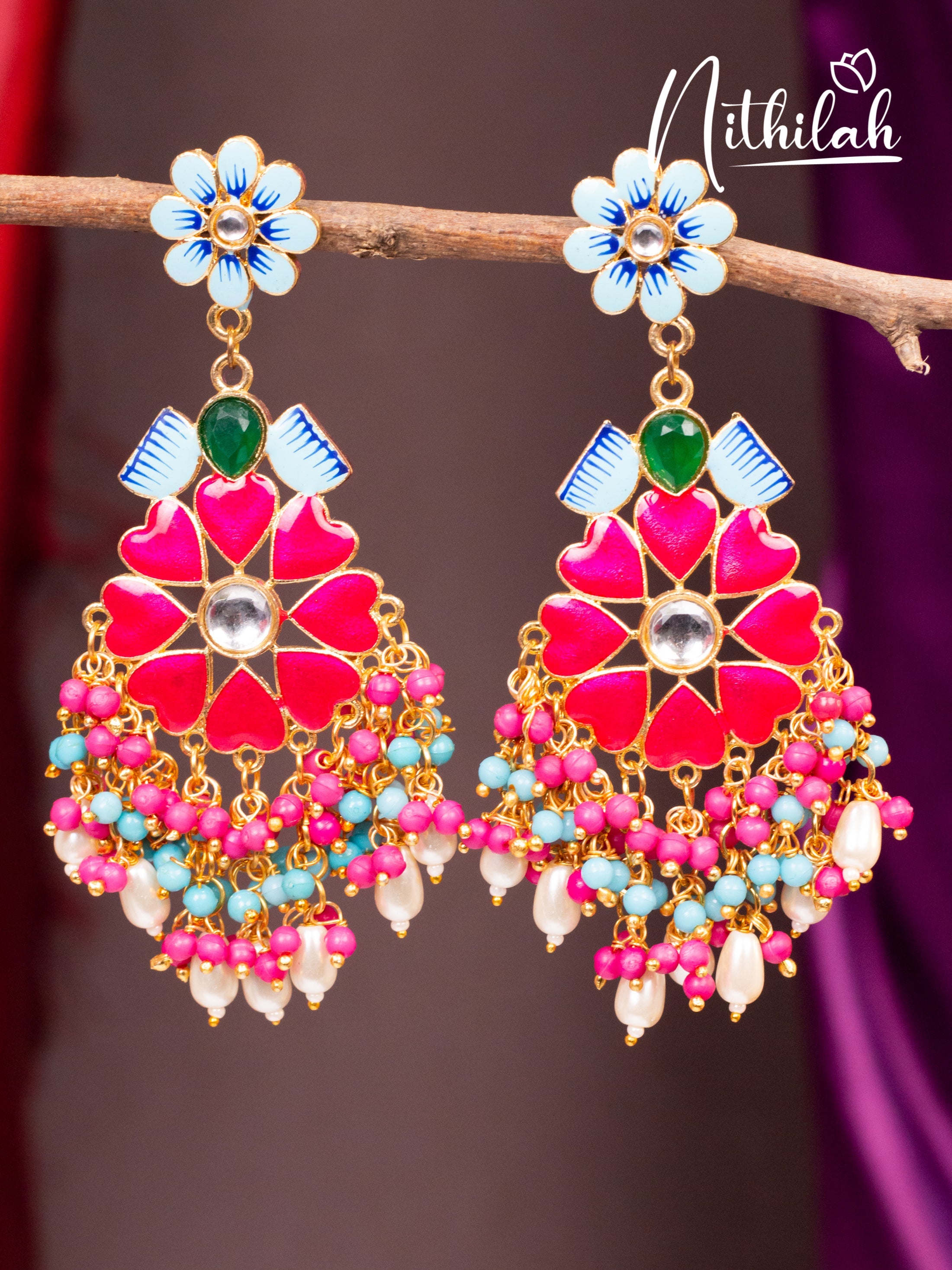 Pink Meenakari Flower Chandelier Earrings N19E131