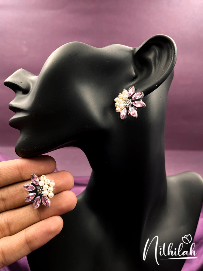 Pink Stones and Side Pearls Oxidised Stud N17E155