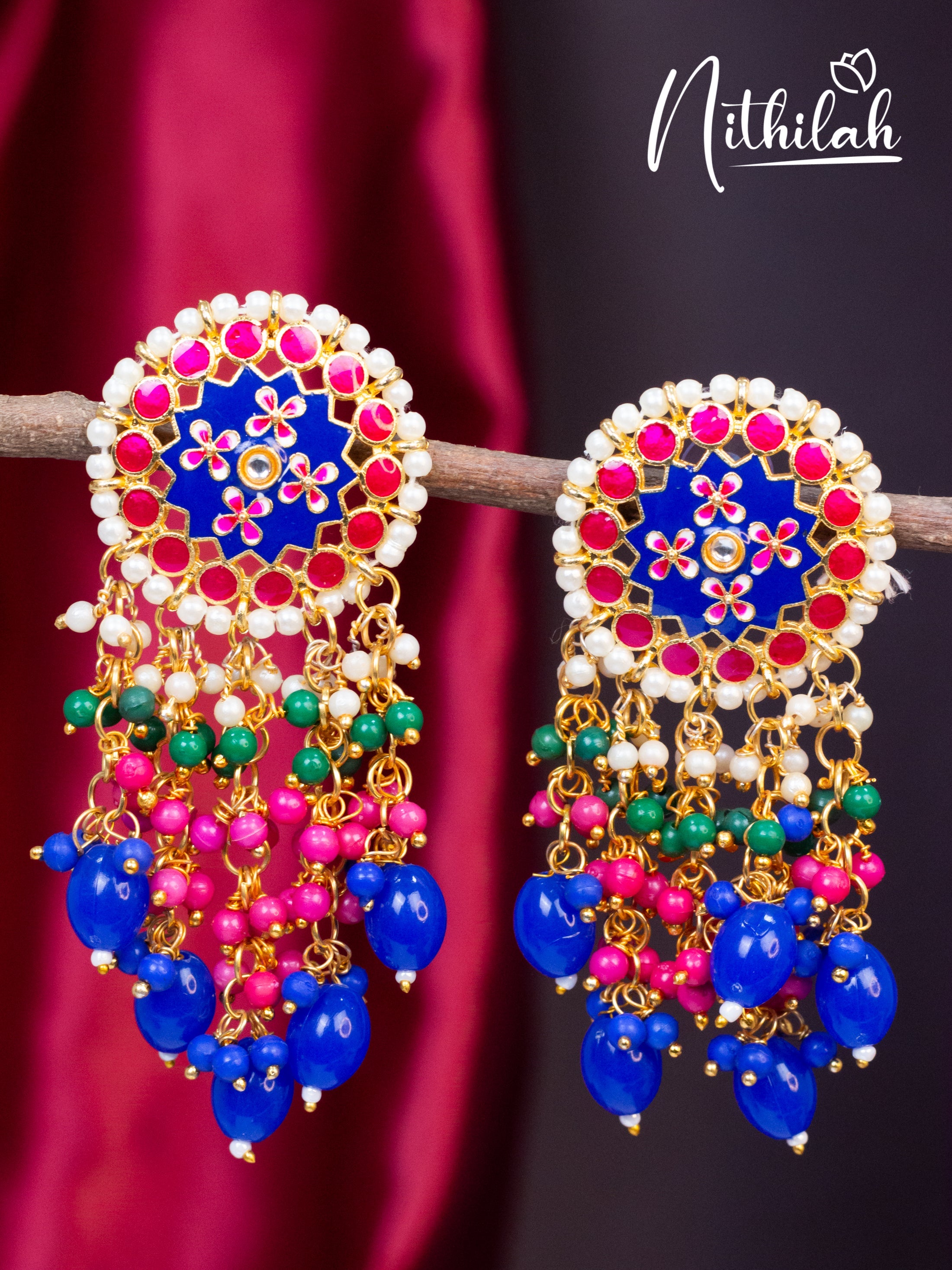 Pink and Blue Meenakari Chandelier Earrings N19E113