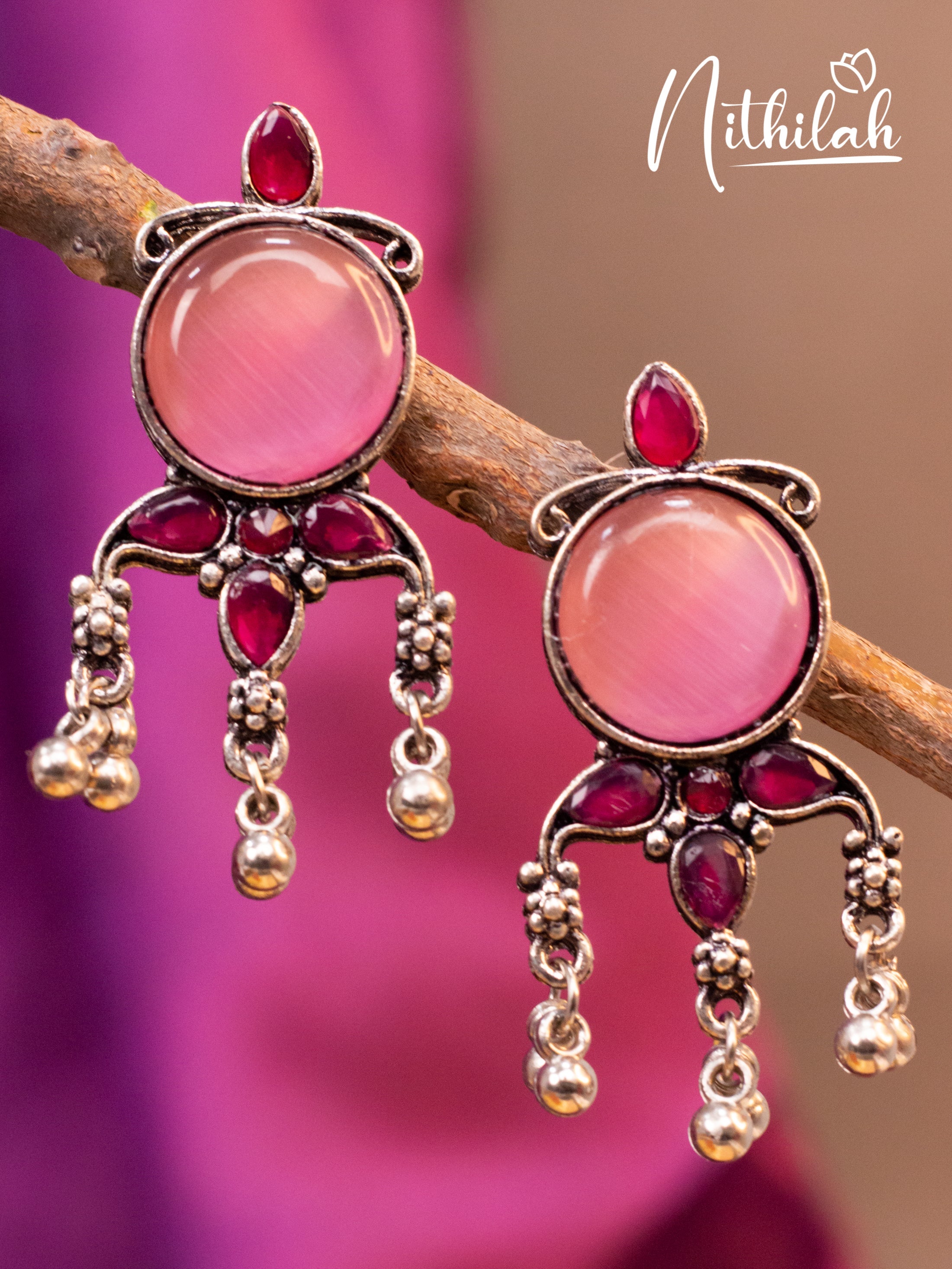 Pink and Red Stone Drops Oxidised Earrings N19E121