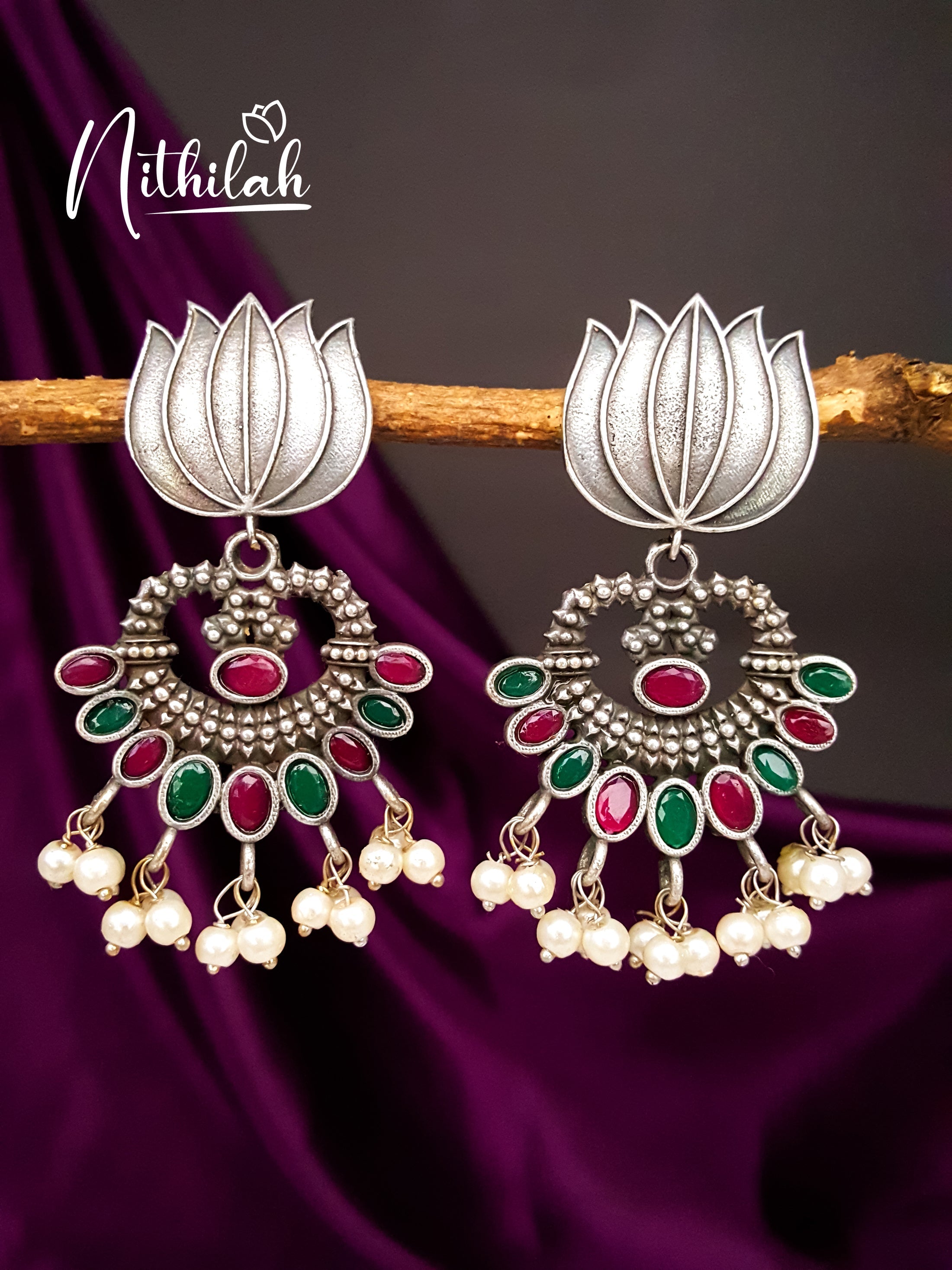 Buy Imitation Jewellery Pretty Lotus Oxidised Silver Earring Design NMAE119 Online