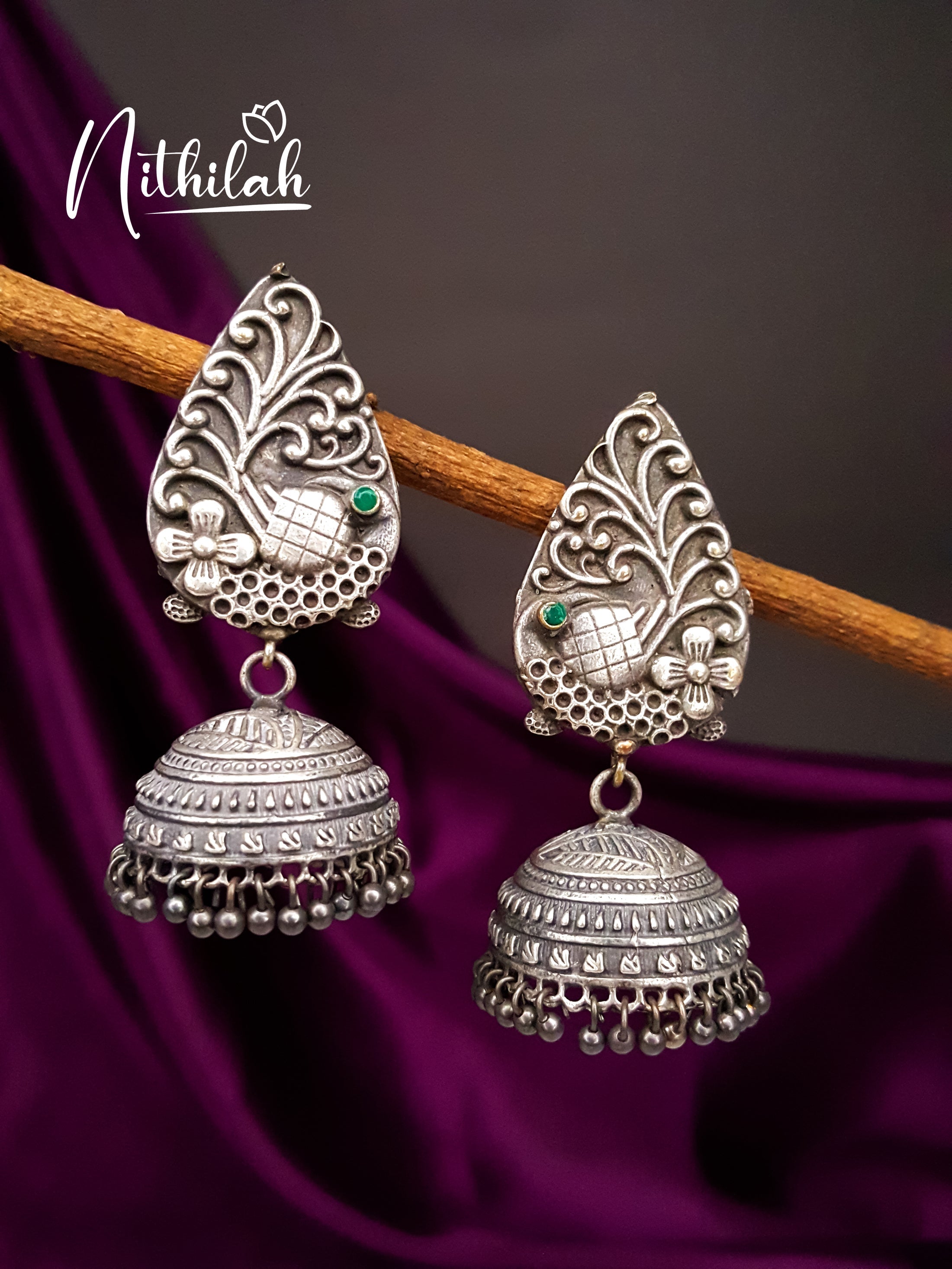 Pretty Peacock Oxidised Silver Jhumka NMAE116