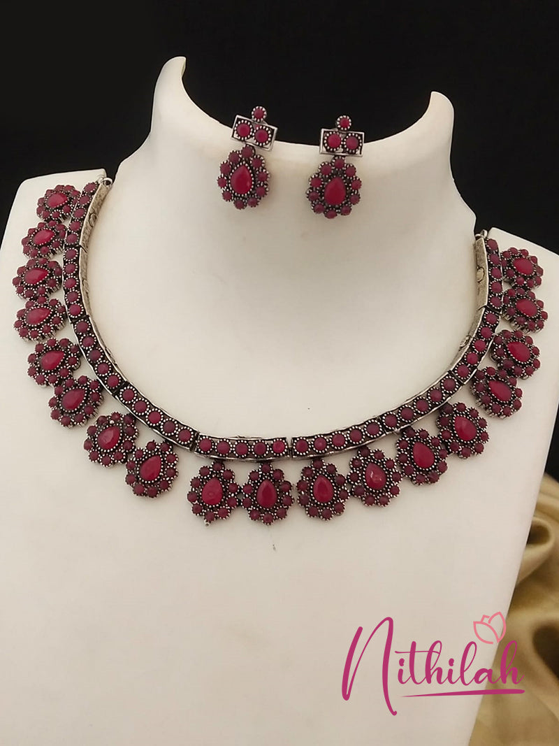 Buy Imitation Jewellery Raindrops Oxidised Silver Necklace - Red NSKN157 Online