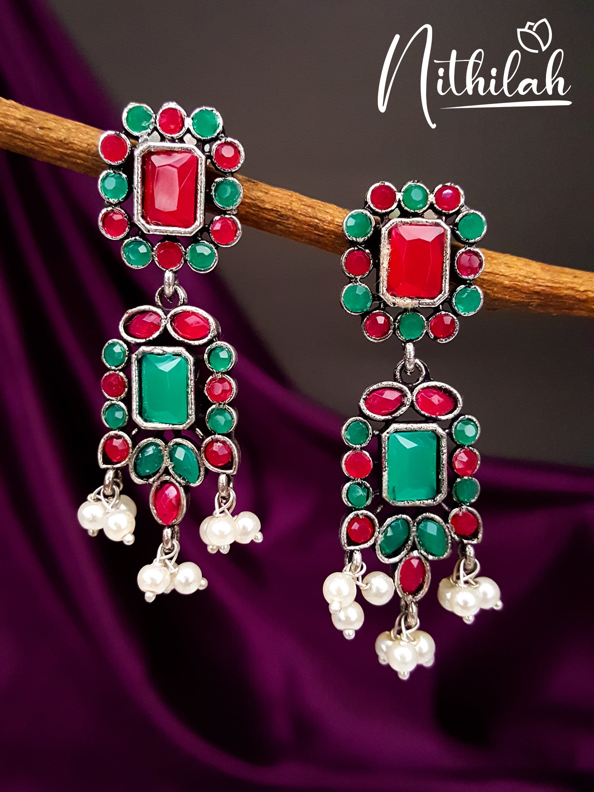 Buy Imitation Jewellery Rectangle Stone Center Oxidised Earring Design NMAE111 Online