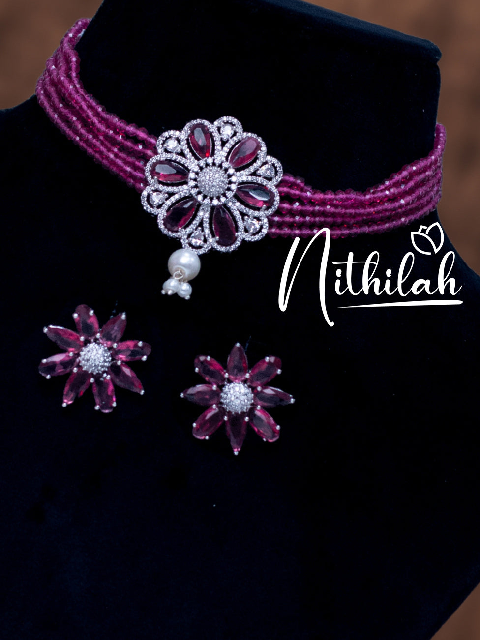 Red Crystal Beads American Diamond Choker Necklace N19C168