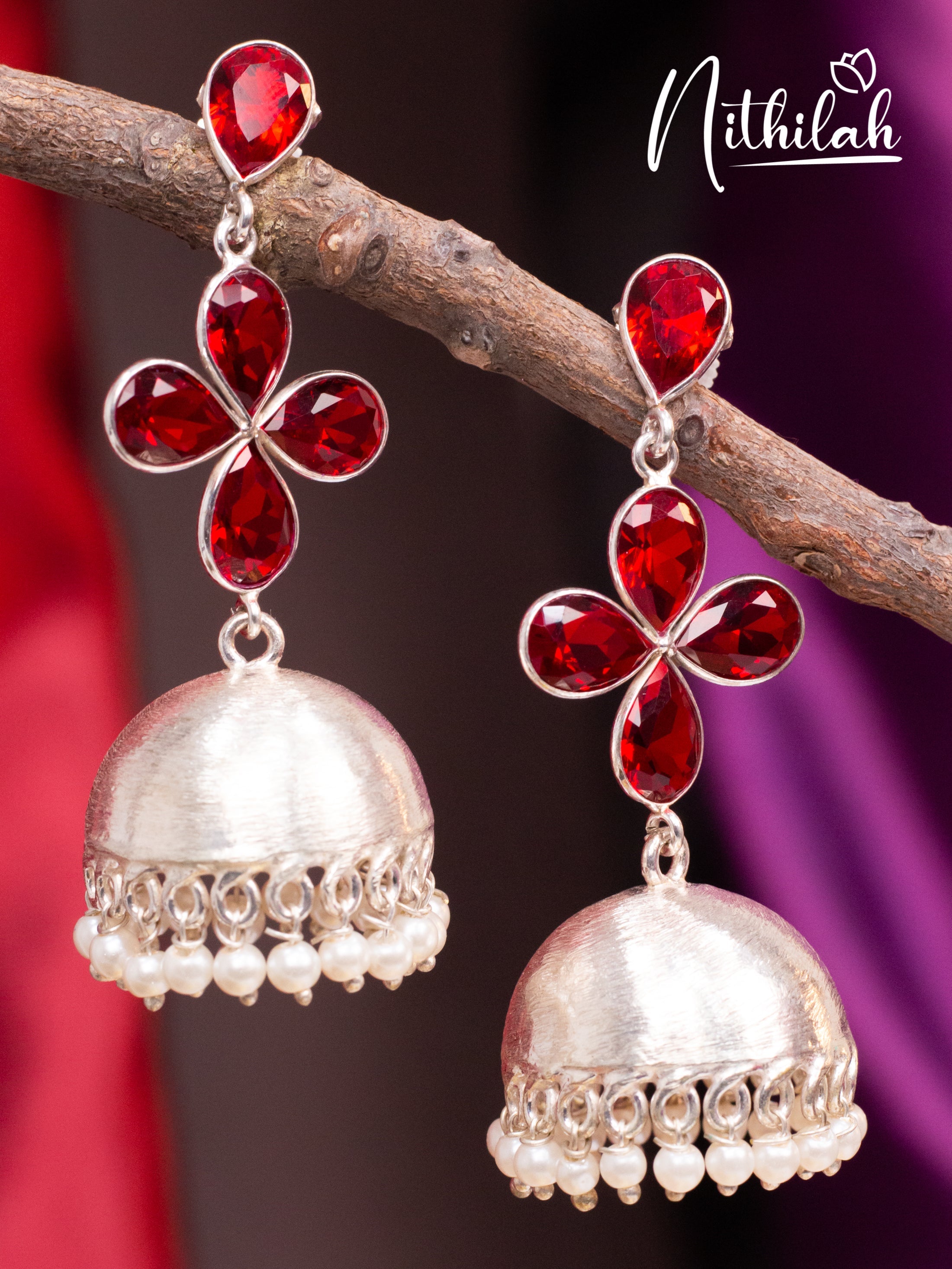 Red Stone Flower Oxidised Jhumka N10E192