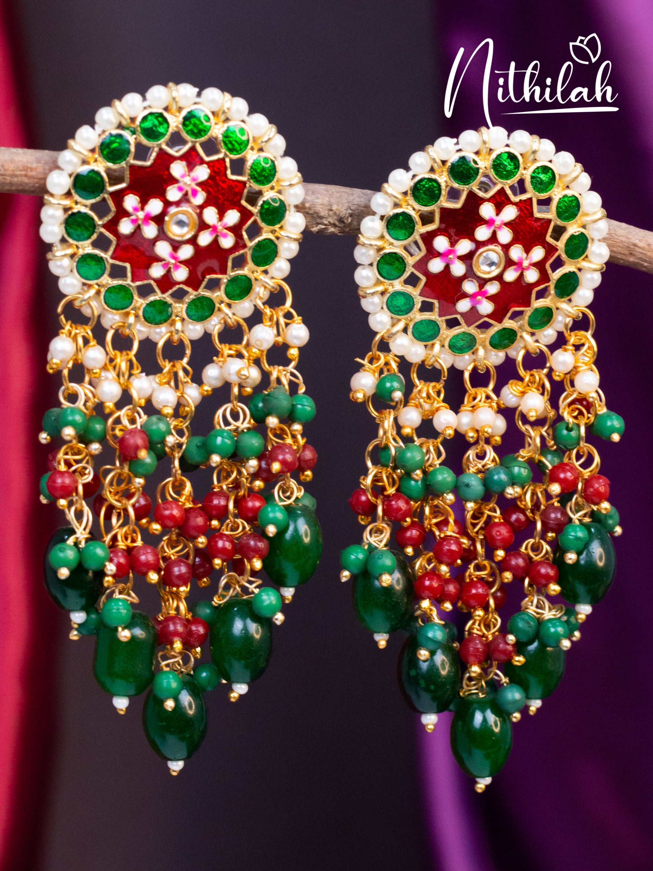 Red and Green Meenakari Chandelier Earrings N19E118