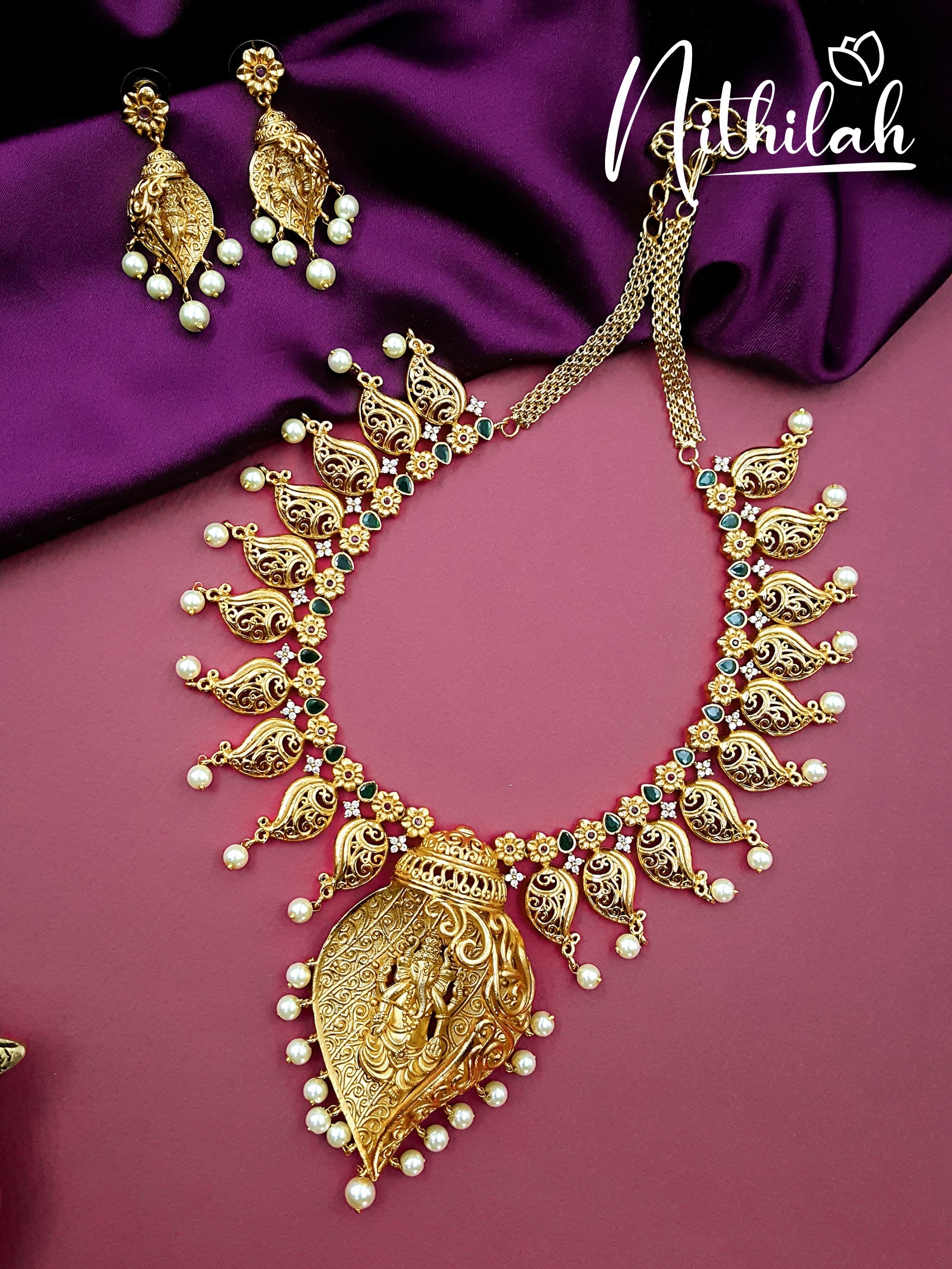 Buy Traditional Gold Finish Necklace | Shankh & Ganesha Design