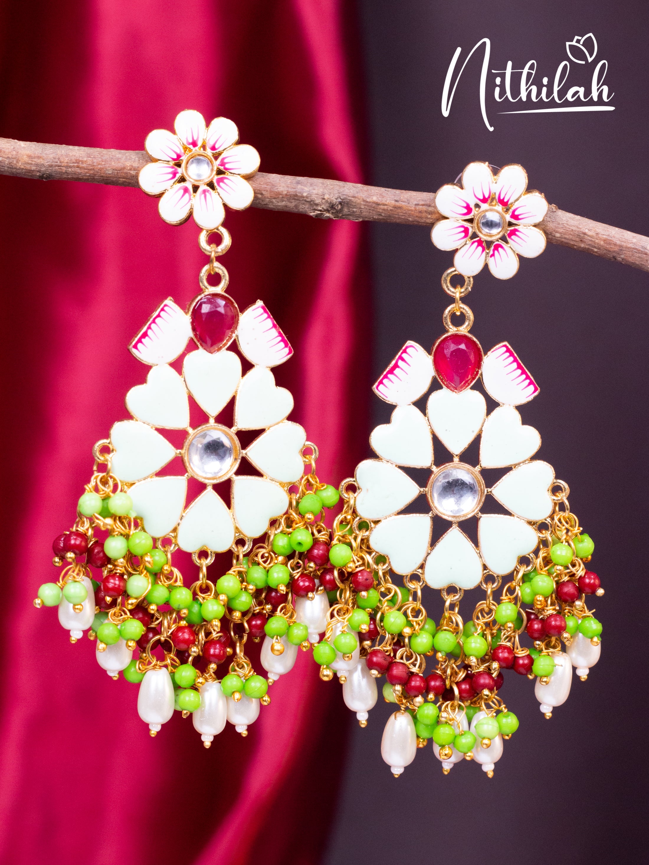 White Meenakari Flower Chandelier Earrings N19E129