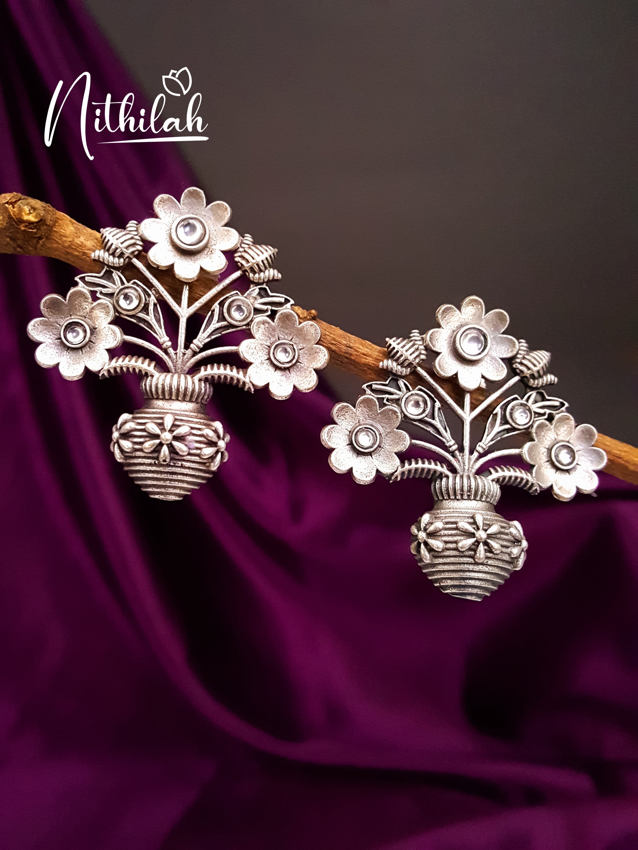 White Stone Flower Pot Oxidised Earrings NRTE125