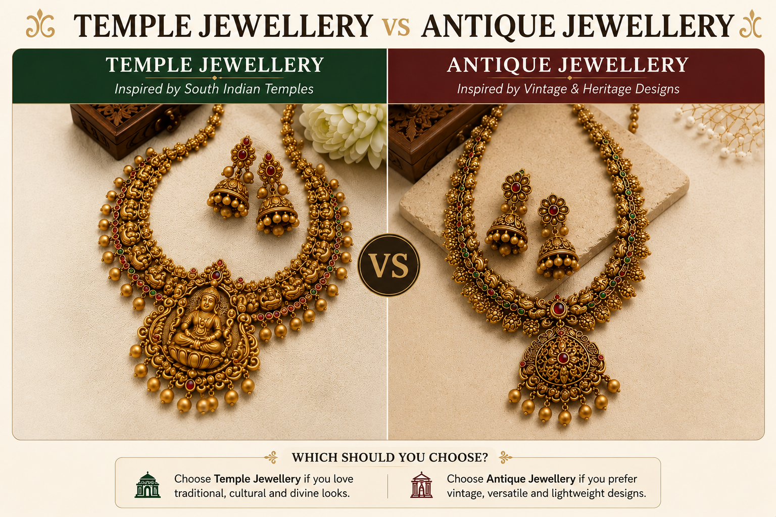 Temple Jewellery vs Antique Jewellery: Complete Comparison Guide