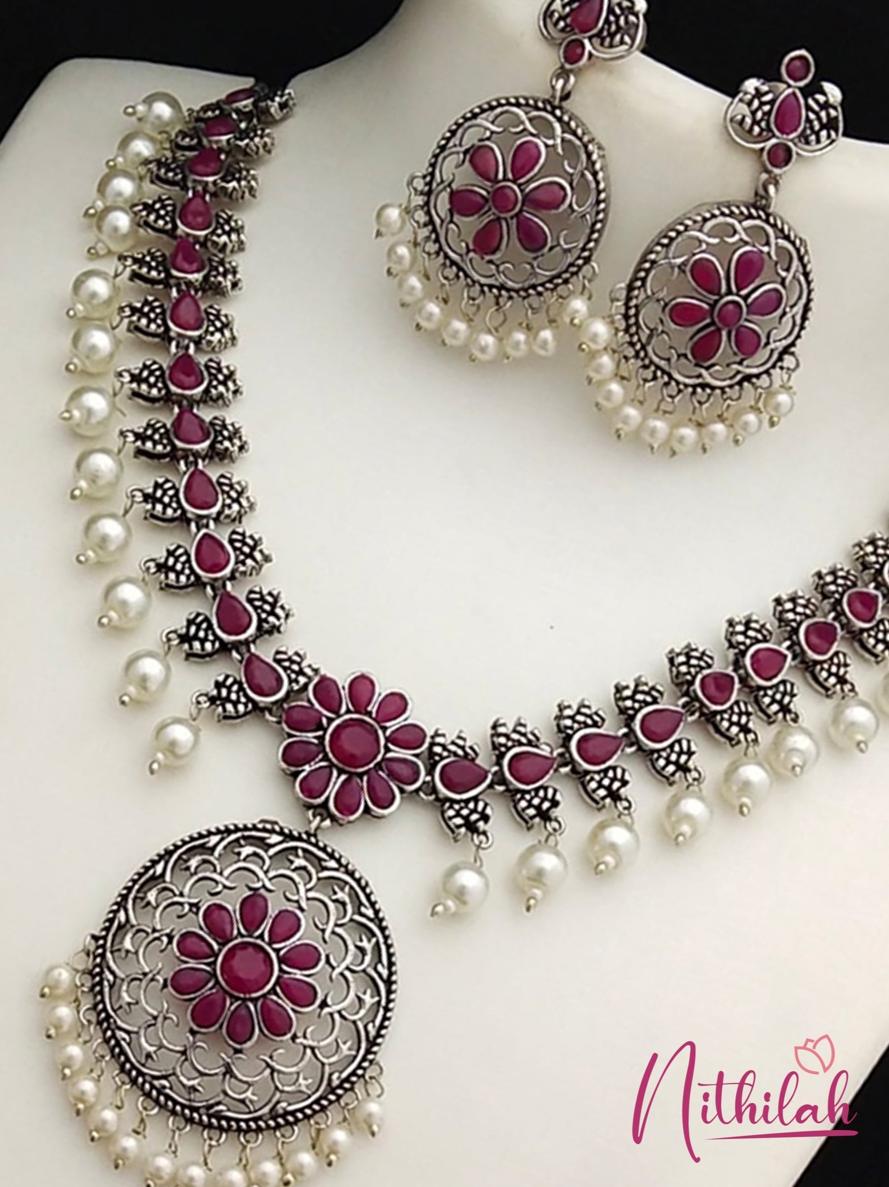 Buy Flower Pearl Red Oxidised Silver Necklace 