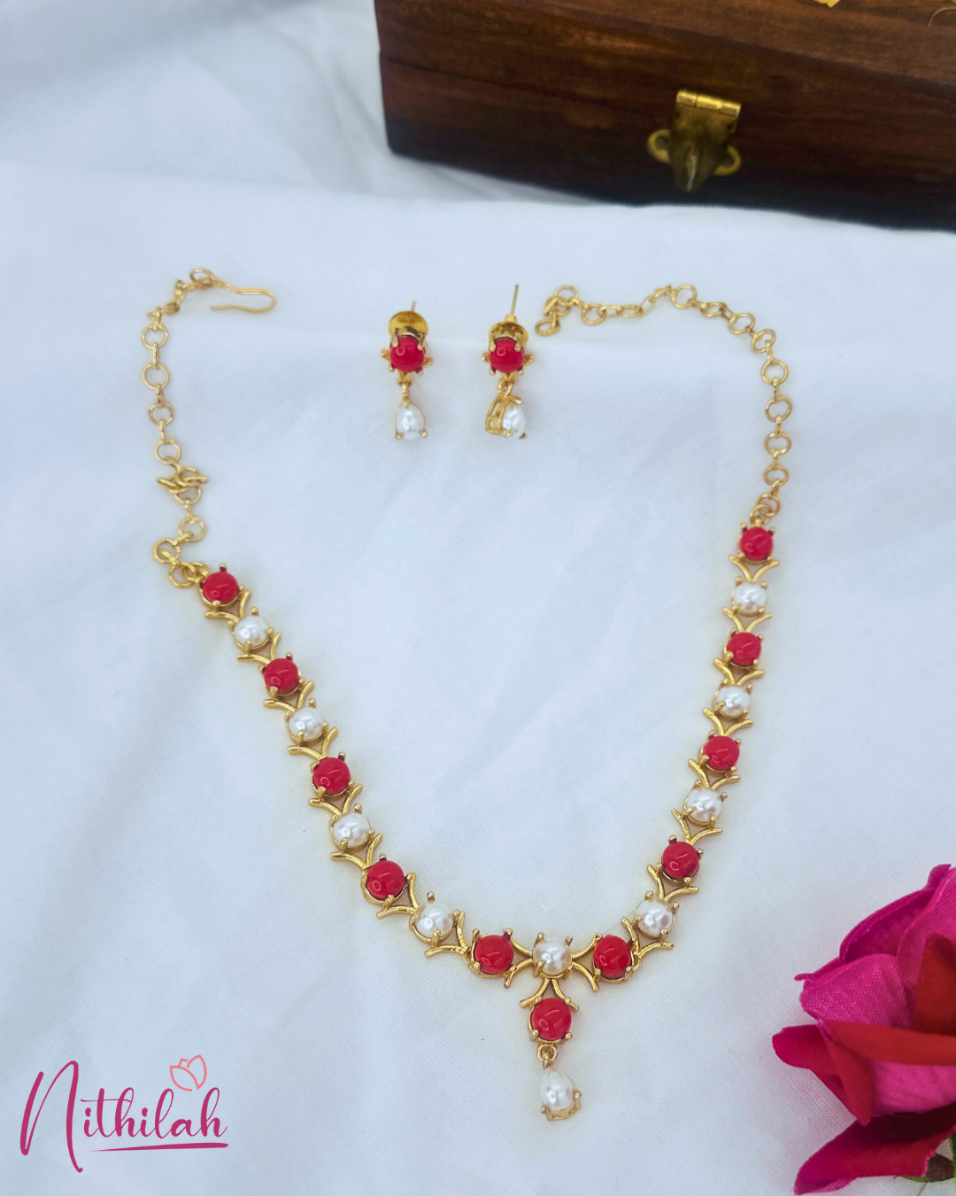 Gold Finish Coral Stone and Pearl Necklace Set for Women – Front View, Ethnic Festive Jewellery India