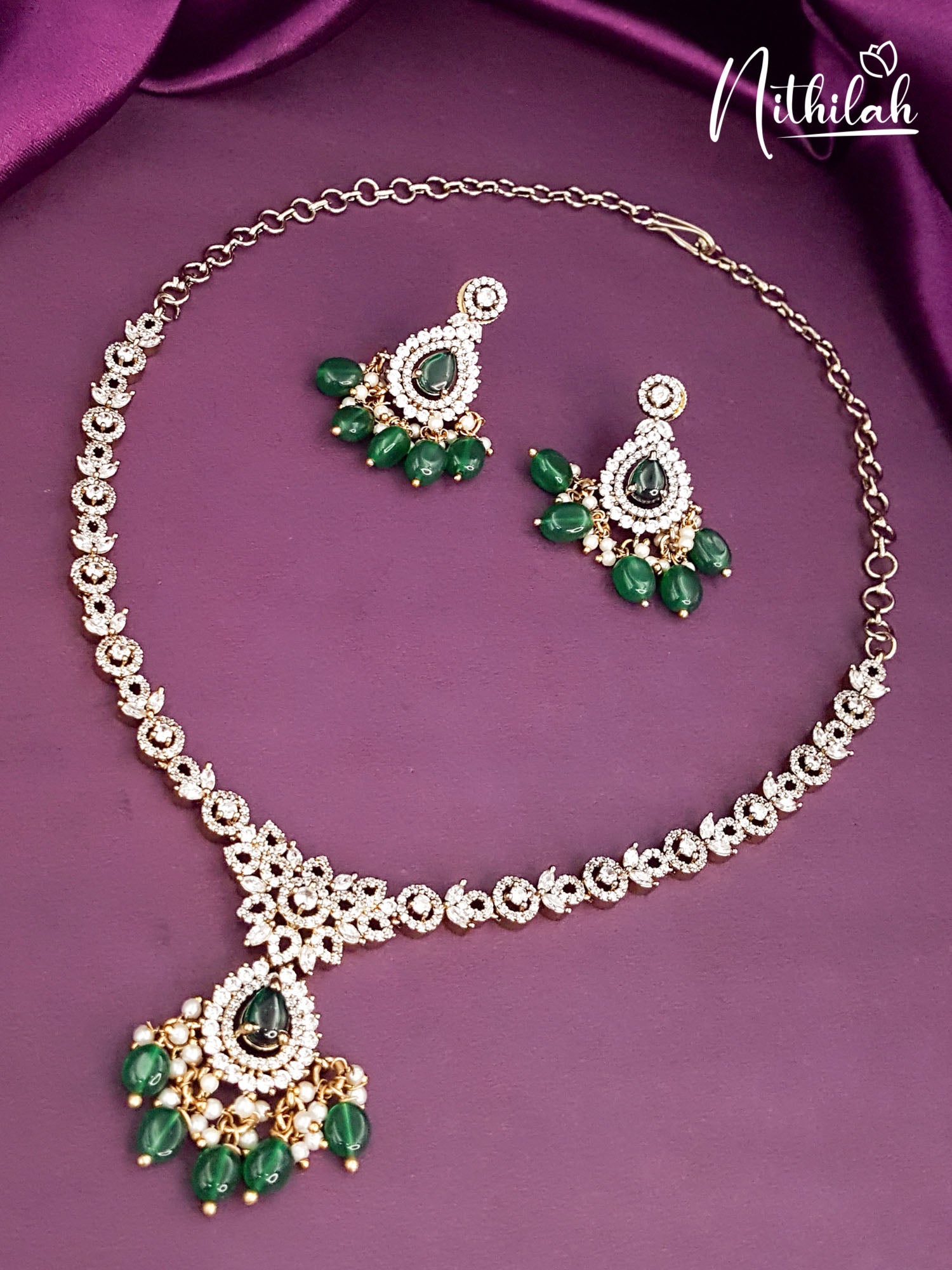 AMERICAN DIAMOND VICTORIAN NECKLACE SET WITH GREEN MOISSANITE BEAD