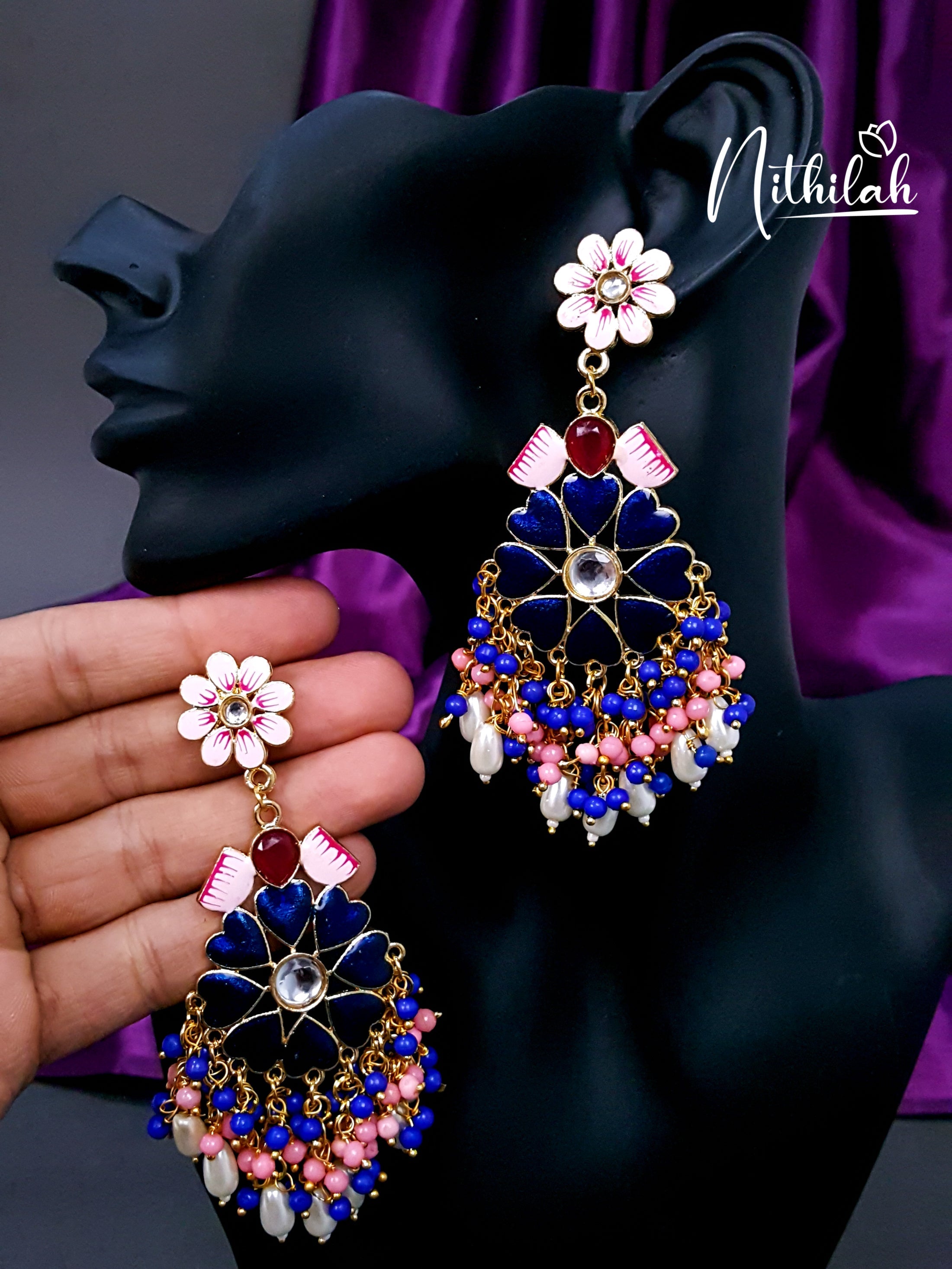 Buy Blue Meenakari Flower Chandelier Earrings | Chandbali Earrings