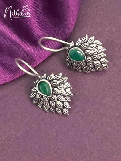 Green - Saanjh Bela Flower Peacock Oxidised Earrings