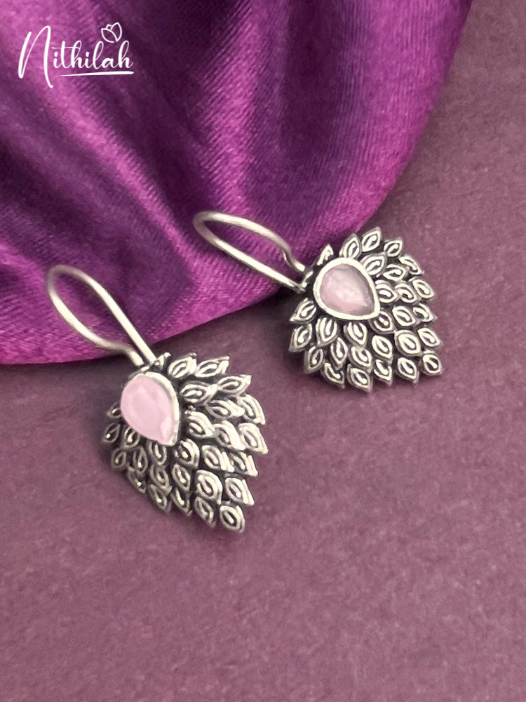 CLASSIC FEATHER PEACOCK PINK STONE OXIDISED EARRINGS