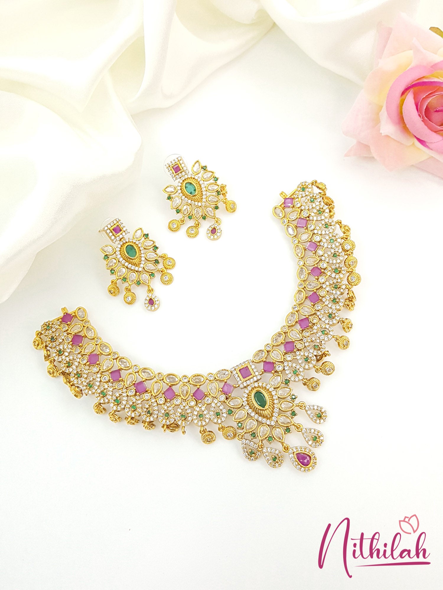 Drop Design Pink & Green Stone Gold Plated Necklace Set