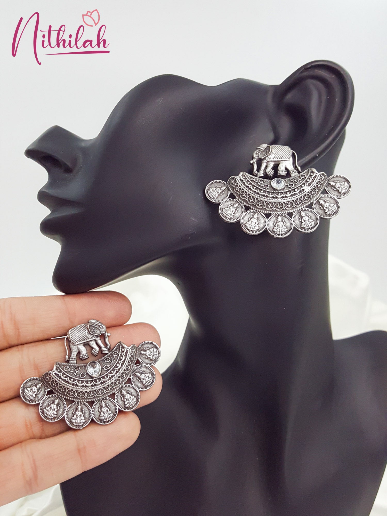 Elephant Lakshmi Coin Design Oxidised Earring