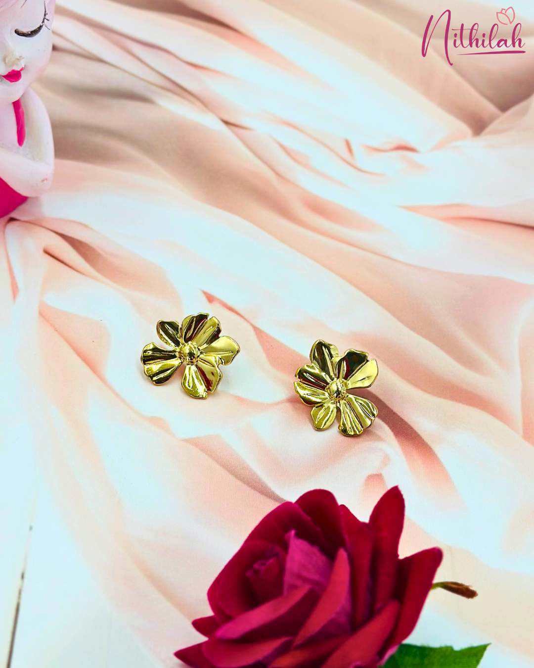 Flower Pendant Earrings – Gold Tone Stainless Steel Detail