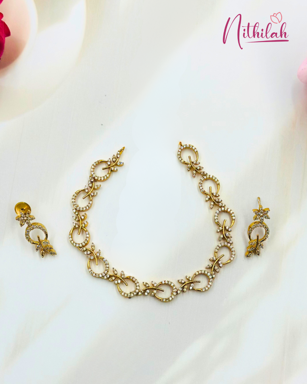 Gold Finish CZ Circular Link Necklace Set for Women – Front View