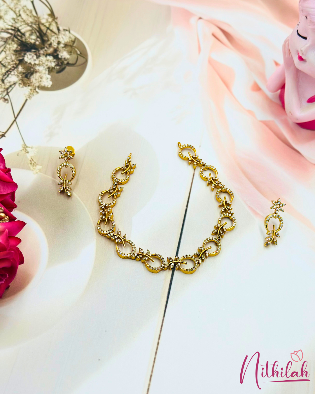 Gold Finish CZ Circular Link Necklace Set – Side View