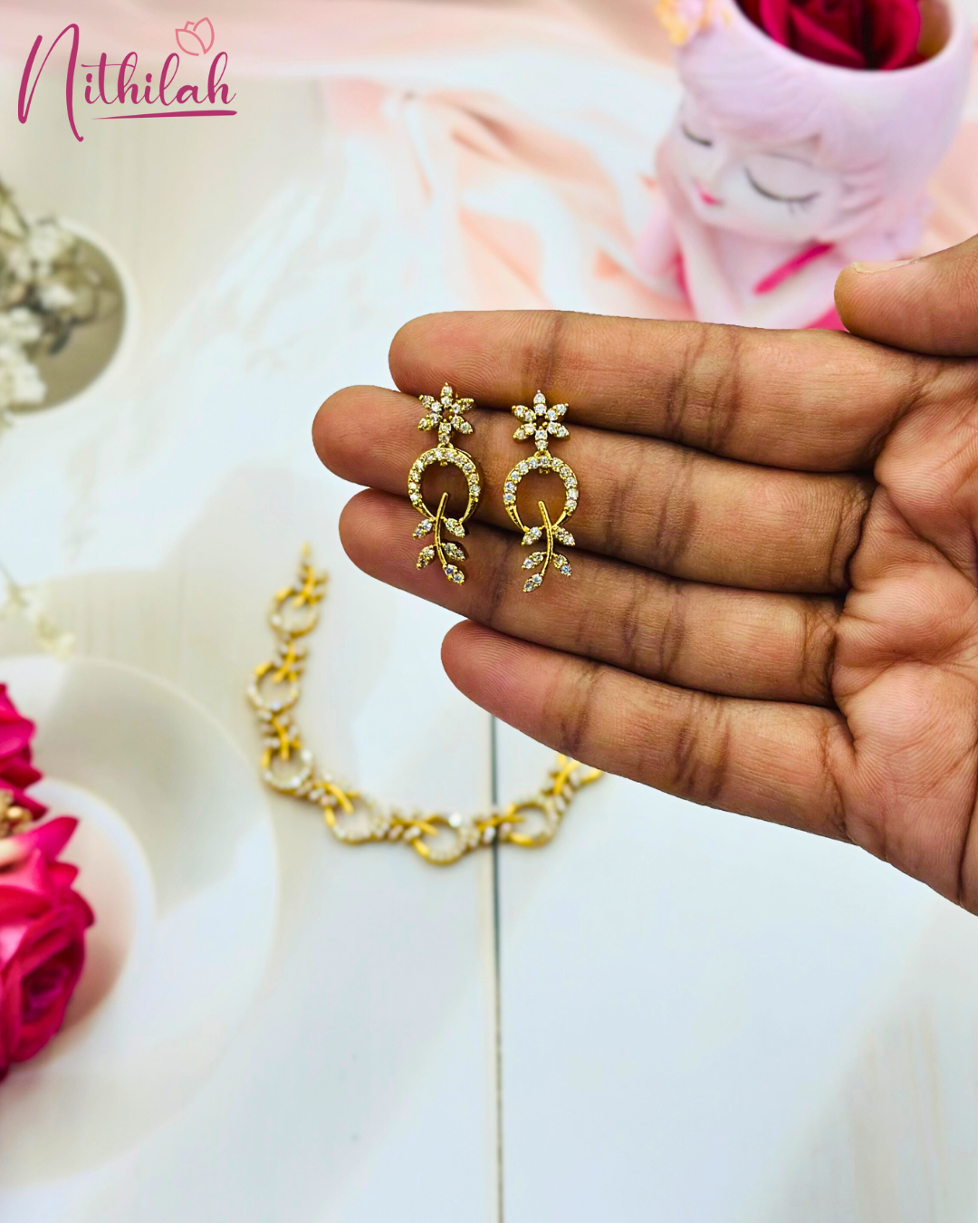 Gold Finish CZ Circular Link Necklace Set with Matching Earrings