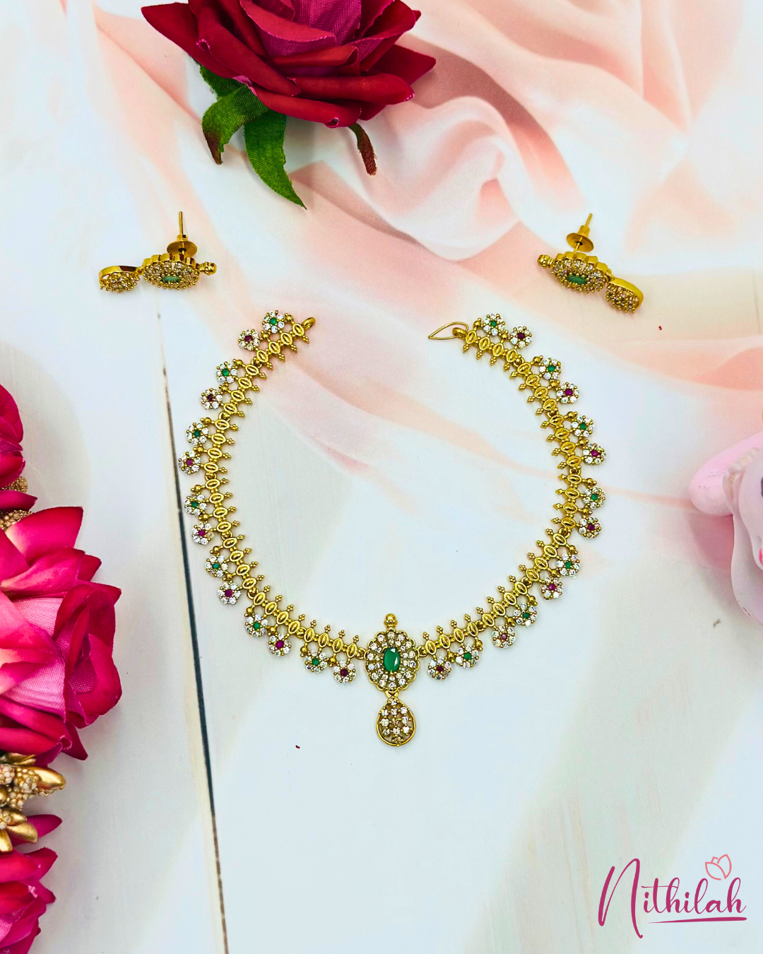 Gold Finish Floral CZ Necklace Set with Green Stone Pendant – Front View