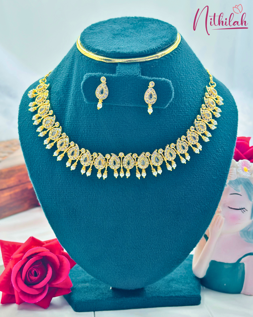 Gold Finish Teardrop CZ Necklace Set with Pearl Drops – Front View