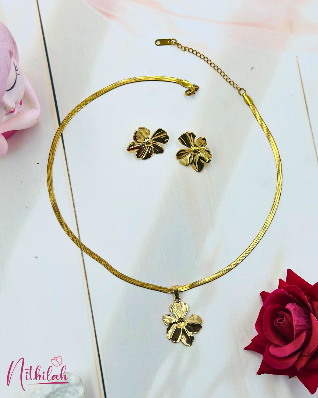 Gold Tone Stainless Flower Pendant and Earring Set – Front View